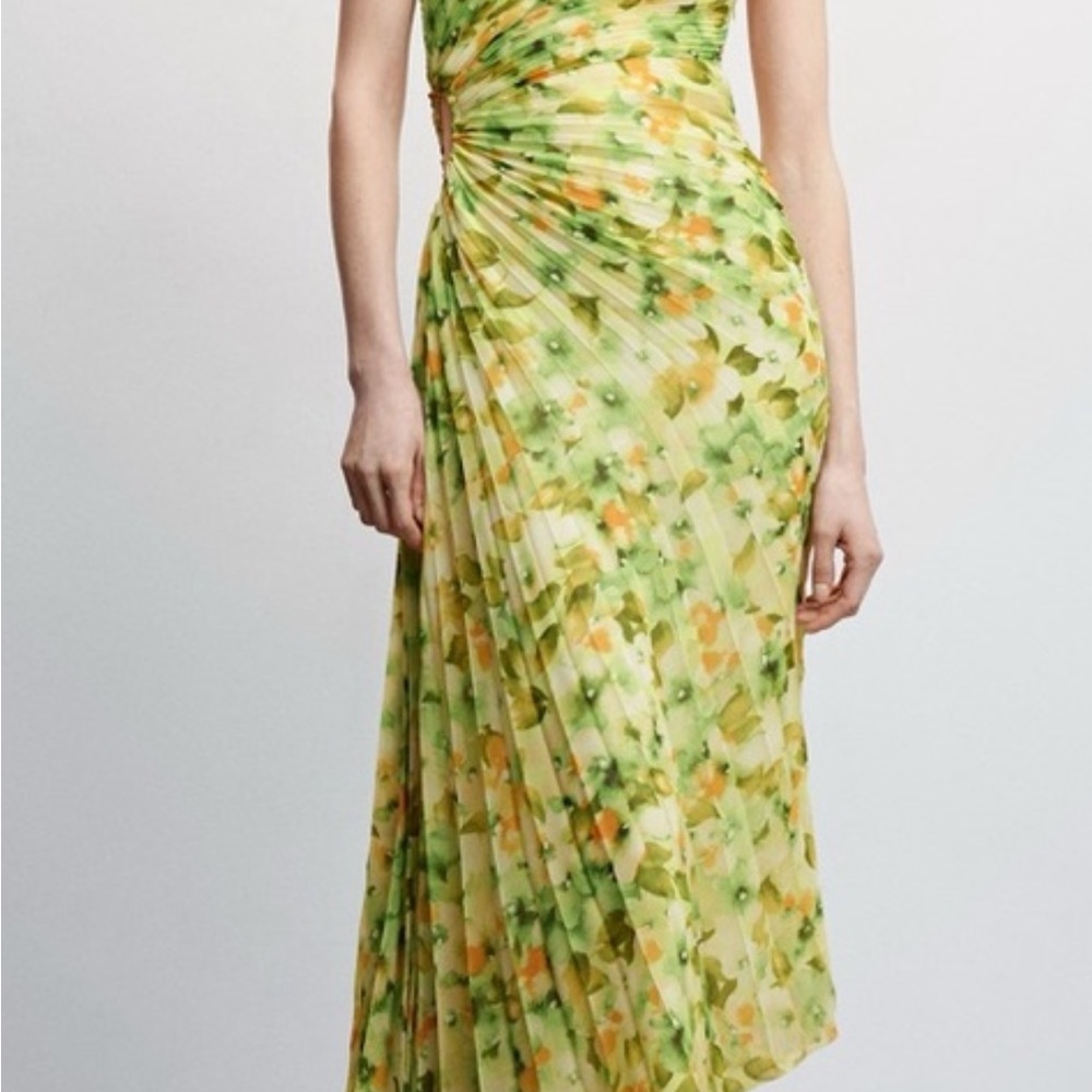 Green and Yellow One Shoulder Pleated Sundress